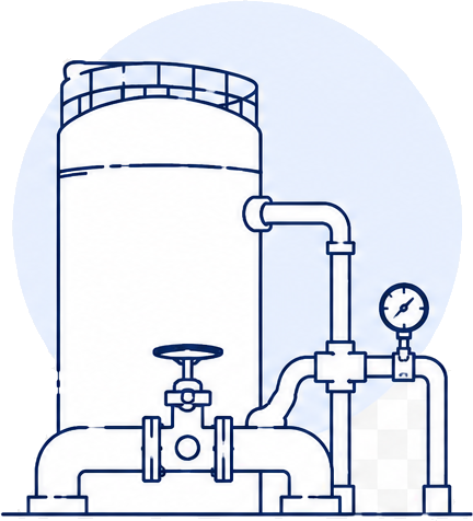 Illustrazione tecnica di un serbatoio industriale con valvole e manometro