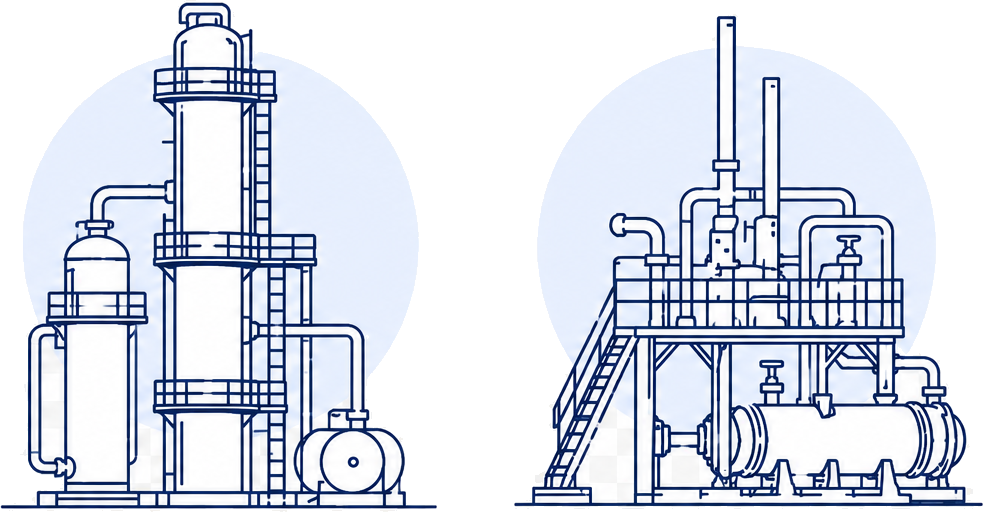 Illustrazione tecnica di colonne di distillazione e skid di processo